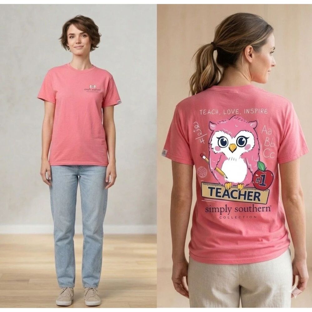 Simply Southern #1 Teacher T-shirt Womens Small Tee Pink Owl 100% Cotton New